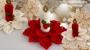 Crochet Christmas Doily Featured - Create a unique and charming holiday decoration with a crochet Christmas doily featuring a stunning poinsettia flower as the base and a delicate candle at its center.