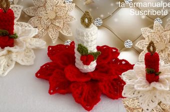 Crochet Christmas Doily Featured - Create a unique and charming holiday decoration with a crochet Christmas doily featuring a stunning poinsettia flower as the base and a delicate candle at its center.