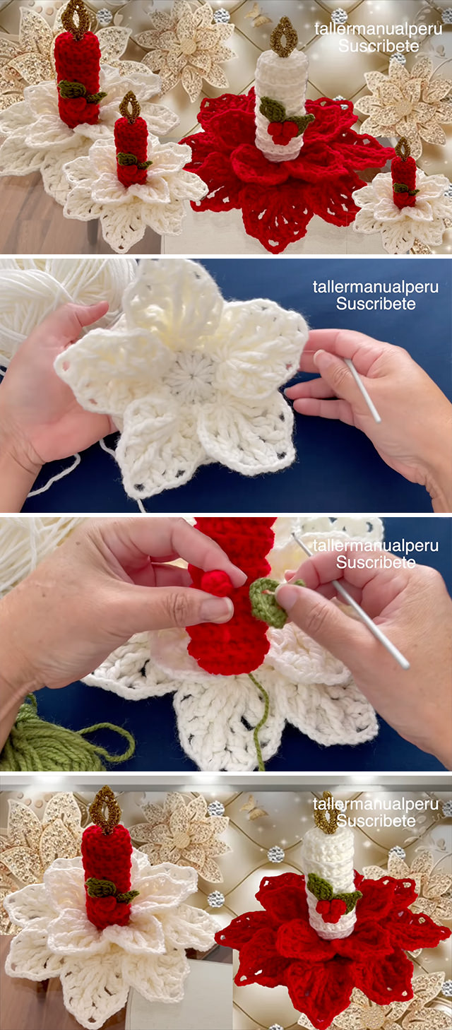 Crochet Christmas Doily Pattern - Create a unique and charming holiday decoration with a crochet Christmas doily featuring a stunning poinsettia flower as the base and a delicate candle at its center.