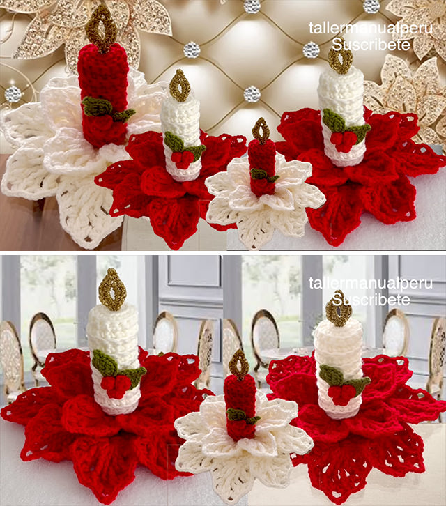 Crochet Christmas Doily Sided - Create a unique and charming holiday decoration with a crochet Christmas doily featuring a stunning poinsettia flower as the base and a delicate candle at its center.