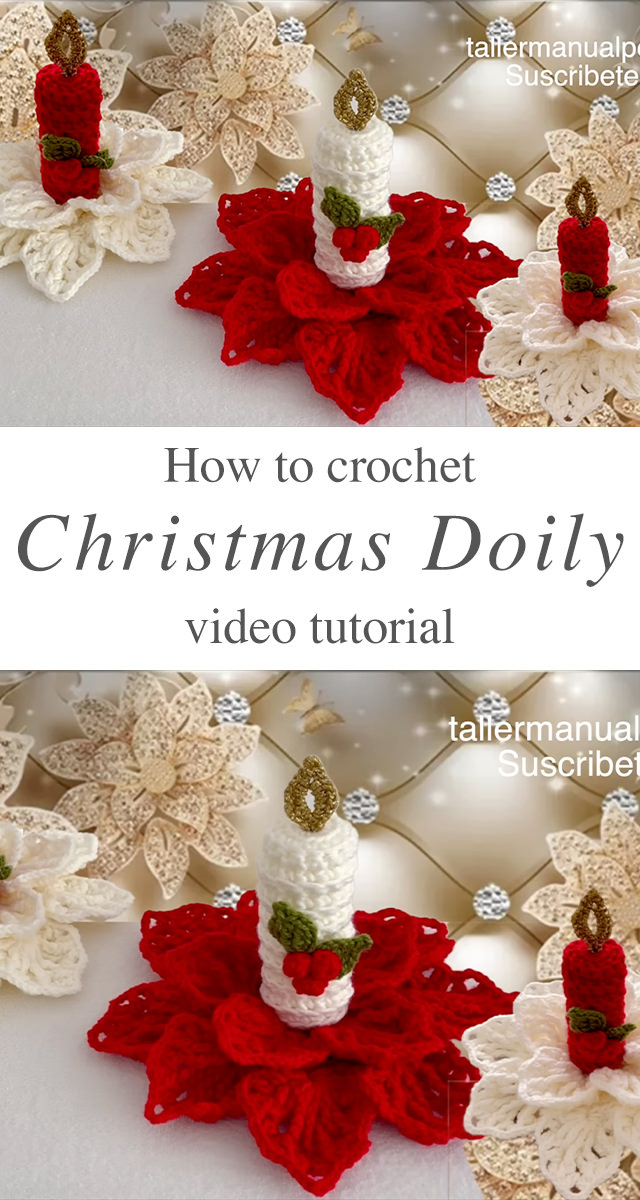 Crochet Christmas Doily - Create a unique and charming holiday decoration with a crochet Christmas doily featuring a stunning poinsettia flower as the base and a delicate candle at its center.